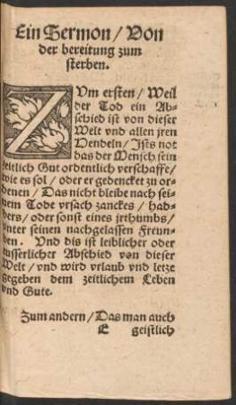 Ein Sermon/ Von der bereitung zum sterben.