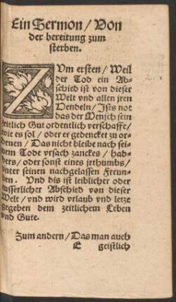 Ein Sermon/ Von der bereitung zum sterben.