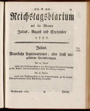 Reichstagsdiarium auf die Monate Julius, August und September 1787.