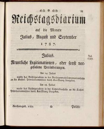 Reichstagsdiarium auf die Monate Julius, August und September 1787.