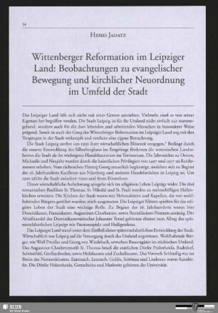 Wittenberger Reformation im Leipziger Land: Beobachtungen zu evangelischer Bewegung und kirchlicher Neuordnung im Umfeld der Stadt