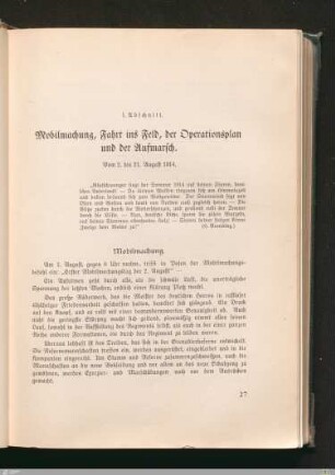 I. Mobilmachung, Fahrt ins Feld, der Operationsplan und der Aufmarsch