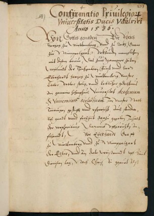 Confirmatio Privilegio[rum] Universitatis Ducis Udalrici vom 03.11.1536 [Abschrift vom Universitätsnotar Gabriel Sattler; Confirmatio Ordinationis Uldarici; Ausfertigung: UAT U 16]