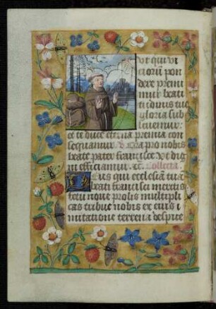 Miniatur-Textzierseite: (Suffragium) Stigmatisation des heiligen Franziskus; Trompe l'oeil-Rahmen mit Blütenzweigen und Insekten