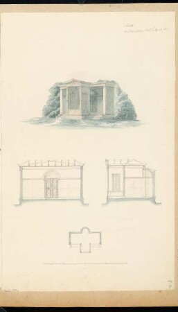 Kirchhofshalle Monatskonkurrenz Mai 1844: Grundriss, Aufriss Vorderansicht, Querschnitt, perspektivische Ansicht; Maßstabsleiste