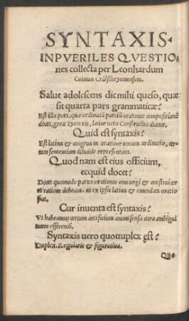 Syntaxis In Pueriles Quaestiones collecta per Leonhardum Culman Crälsheyemensem.