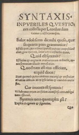 Syntaxis In Pueriles Quaestiones collecta per Leonhardum Culman Crälsheyemensem.