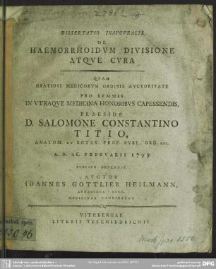 Dissertatio Inauguralis De Haemorrhoidum Divisione Atque Cura