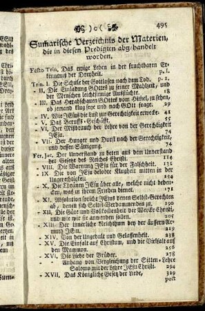Sumarische Verzeichniß der Materien, die in diesen Predigten abgehandelt worden.