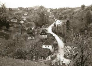 Reinhardtsdorf. Ortsteilansicht. Im Hintergrund der Wolfsberg. Blick nach Westen