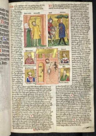 (1) Antitypus: Judas erhängt sich; (2) Typus: Ahitopel erhängt sich ; (3) Typus: Abschalom hängt an der Eiche; Propheten-Brustbild