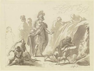 Alexander mit seinem Gefolge vor Diogenes