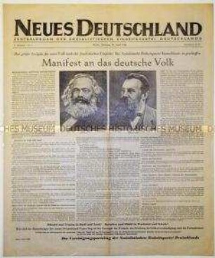 Erste Nummer der Tageszeitung "Neues Deutschland" zum Vereinigungsparteitag