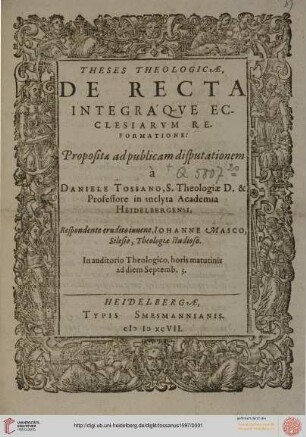 Theses Theologicae, De Recta || Integraqve Ec=||clesiarvm Reformatione