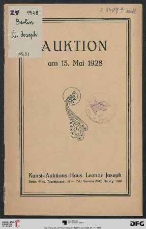Auktion Dienstag, den 15. Mai 1928 ... einer hochvornehmen Wohnungs-Einrichtung, Berlin W, Kurfürstendamm 196 : Versteigerung: Dienstag, 15. Mai