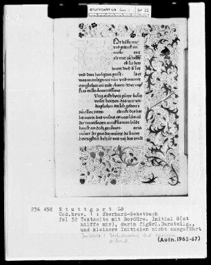 Das Eberhardgebetbuch — Initiale G (ot hilffe mir), darin eine Hebamme zur Krippe eilend, Folio 32recto