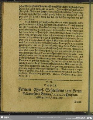VIII. Copia Fernern Churf. Schreibens, an Herrn Feldmarschall Banern, [et]c. de dato Dreßden, am 24. Junii, Anno 1635