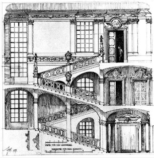 Schnitt und Grundriss des Treppenhauses sowie Aufriss der Türen im 1. Stock des Palais Clam-Gallas in Prag