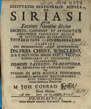 Dispvtatio Inavgvralis Medica De Siriasi