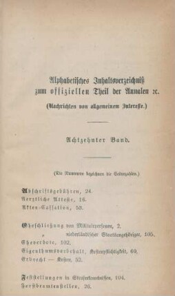 Alphabetisches Inhaltsverzeichniß zum offiziellen Theil der Annalen etc.