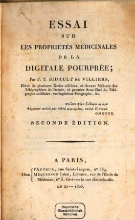 Essai sur les propriétés médicinales de la Digitale pourprée