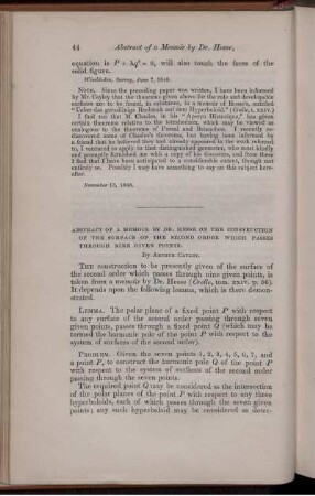 Abstract of a memoir by Dr. Hesse on the construction of the surface of the second order which passes through nine given points.
