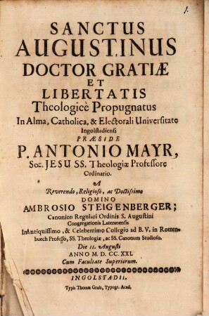 Sanctus Augustinus Doctor Gratiae Et Libertatis