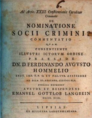 Ad Artic. XXXI. Constitutionis Carolinae criminalis de nominatione socii criminis commentatio