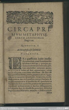 Circa Primum Metaphysicorum Aristotelis Stagiritae