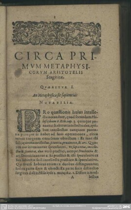 Circa Primum Metaphysicorum Aristotelis Stagiritae