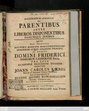 Dissertatio Juridica De Parentibus Inter Liberos Disponentibus Eorumque Juribus
