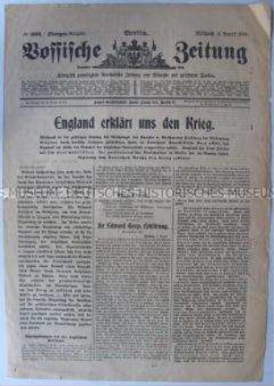 Tageszeitung "Vossische Zeitung" zur Kriegserklärung Großbritanniens an Deutschland