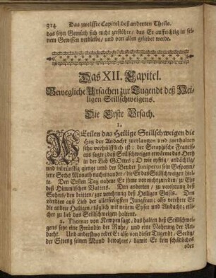 Das XII. Capitel. Bewegliche Ursachen zur Tugent deß Heiligien Stillschweigens.