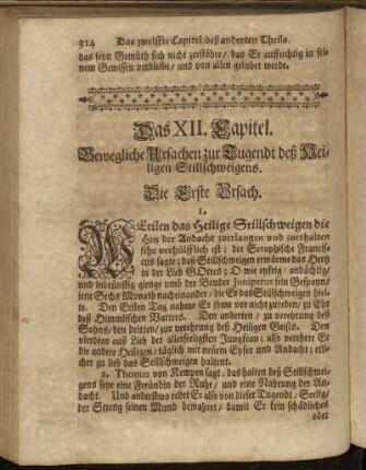 Das XII. Capitel. Bewegliche Ursachen zur Tugent deß Heiligien Stillschweigens.