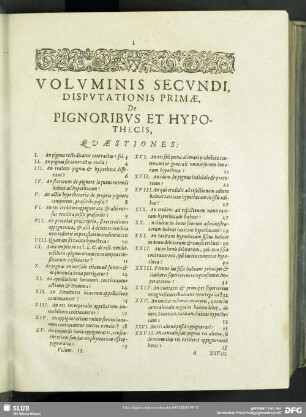 Voluminis Secundi, Disputationis Primae, De Pignoribus Et Hypothecis
