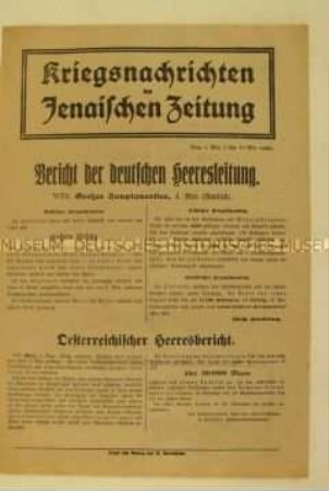 Nachrichtenblatt der "Jenaischen Zeitung" mit Nachrichten von verschiedenen Kriegsschauplätzen