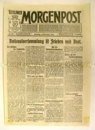 Titelblatt der Tageszeitung "Berliner Morgenpost" zur Forderung nach Schaffung einer Nationalversammlung
