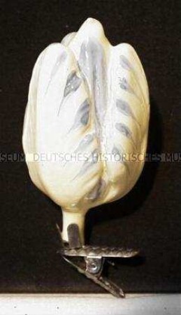 Glasbehang für Weihnachtsbaum: weiß-blaue Tulpe mit Befestigungsklammer