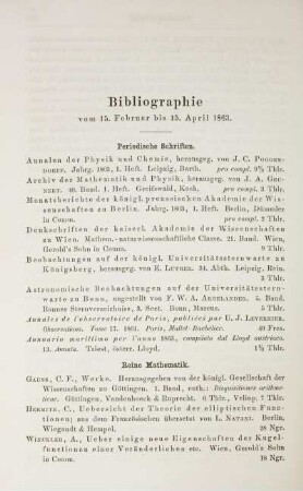 Bibliographie vom 15. Februar bis 15. April 1863.