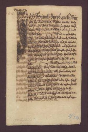 Kaufbrief des Hans Jakob Greth zu Riederspach und seiner Frau Anna Katharina gegen das Kloster Schwarzach am Rhein über einen Distrikt von 2 1/2 Viertel Matten zu Riederspach