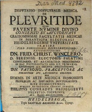 Dispvtatio Inavgvralis Medica. De Plevritide