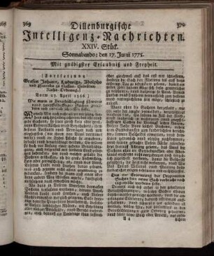 Sonnabends: den 17. Junii 1775.