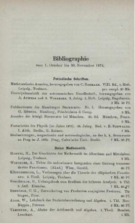 Bibliographie vom 1. October bis 30. November 1874.