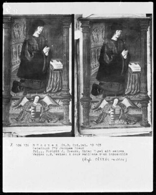 Lateinisches Gebetbuch mit Kalendarium — Porträt des Eigentümers, des Finanzministers Jacques Coeur mit Wappen und Devise, Folio 15verso