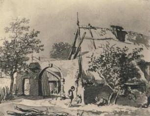 Vor einem Gehöft : Klengel-Album von Kirchbach. Vor einem Gehöft. Graphit und Tusche (vor 1824; J. C. Klengel)