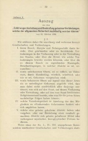 Anhang 2. Auszug aus dem "Edikt wegen Verhütung und Bestrafung geheimer Verbindungen, welche der allgemeinen Sicherheit nachtheilig werden können"