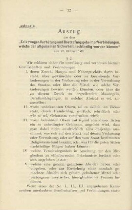 Anhang 2. Auszug aus dem "Edikt wegen Verhütung und Bestrafung geheimer Verbindungen, welche der allgemeinen Sicherheit nachtheilig werden können"