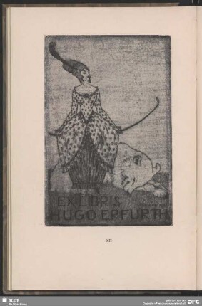 Rokokodame als Dompteuse, zu ihren Füßen ein Bär [Exlibris Hugo Erfurth]