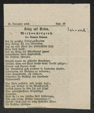 Krieg auf Erden. Weihnachtsgruß. Von Richard Dehmel. [erschienen am 25.12.1914 ]