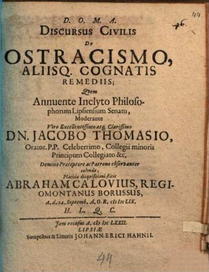 Discursus civilis de ostracismo, aliisq. cognatis remediis